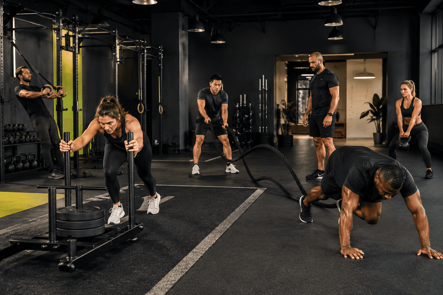 Members moving through a coached conditioning circuit