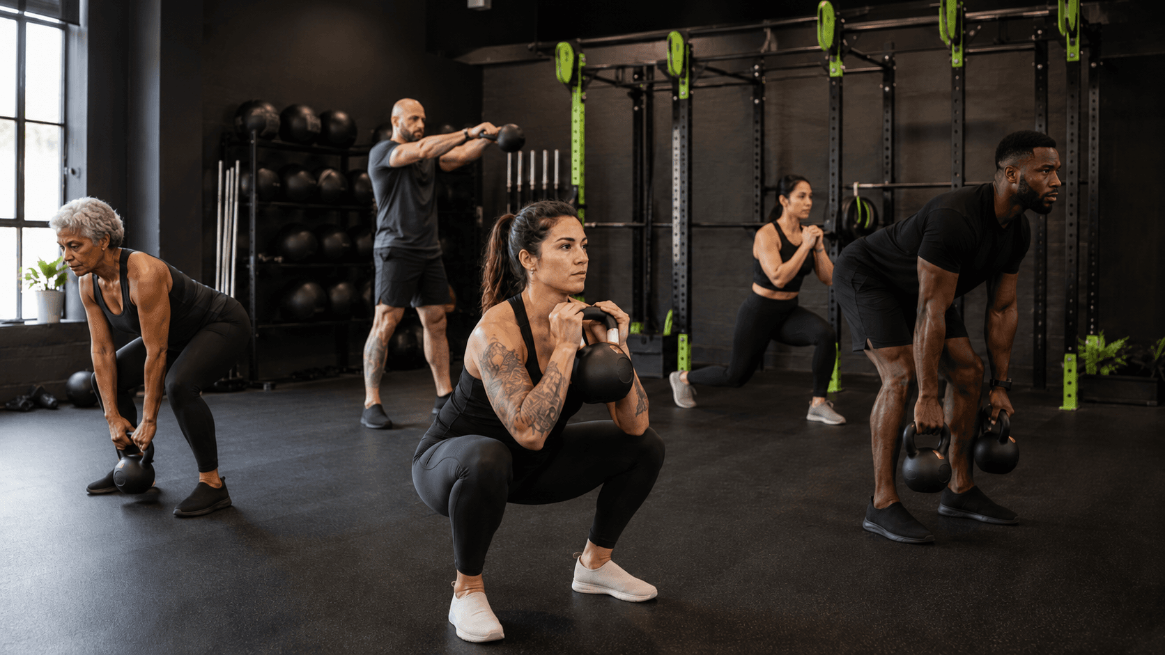 Small-group strength class training with kettlebells